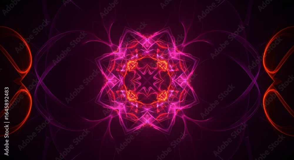 Poster abstract symmetrical fractal design with pink and orange glowing lines on a dark background