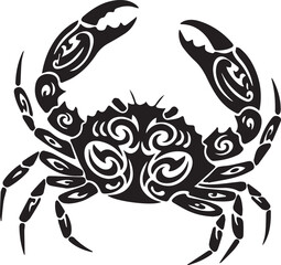 Stylized black crab with tribal swirling patterns isolated on a white background silhouette tattoo
