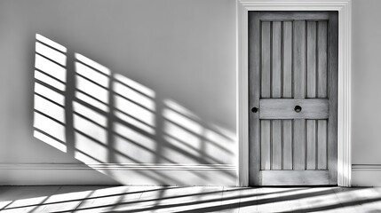 Fototapeta premium A gray wooden door with shadow across the white wall