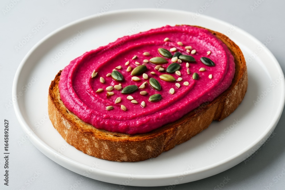 Poster slice of toasted bread topped with vibrant beet hummus and assorted seeds on a white plate over a li