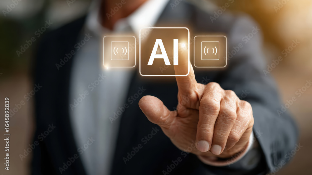 Poster artificial intelligence concept with businessman pressing ai button