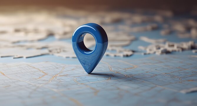 3D blue location pin icon on a white background, map lines in the background, white background,