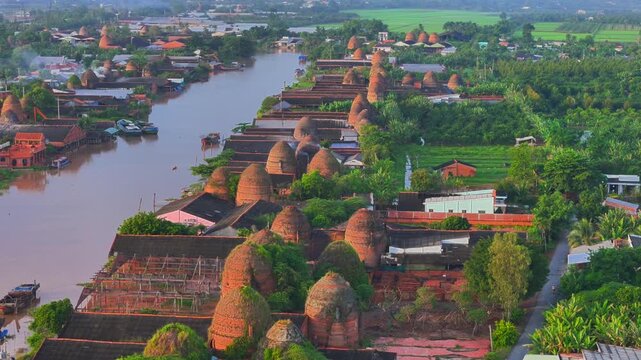 Aerial view of Mang Thit brick kiln in Vinh Long. Burnt clay bricks used in traditional construction of Vietnamese, Mekong Delta, Vinh Long province, Vietnam