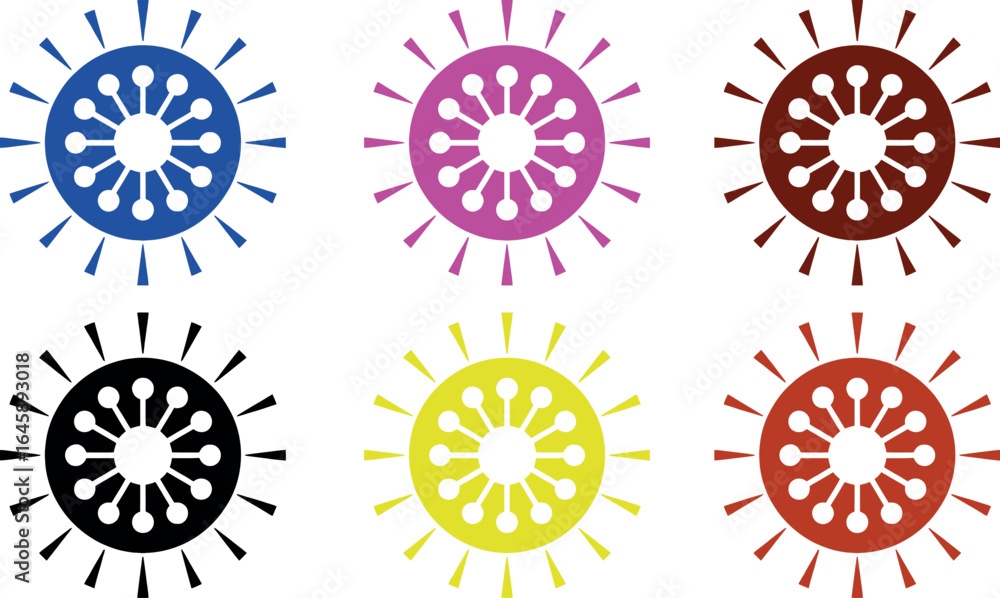 Poster a set of six colorful circular designs with radial lines and inner circles on a white background des