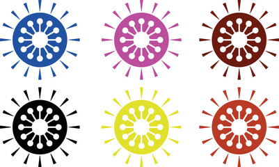A set of six colorful circular designs with radial lines and inner circles on a white background design