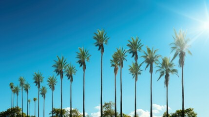 A row of palm trees against a clear blue sky with a bright sun shining down.