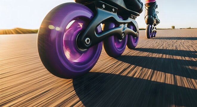 Closeup of purple rollerblade wheels in motion on asphalt road during sunset, showcasing the speed and movement of inline skating as a fun and healthy outdoor activity