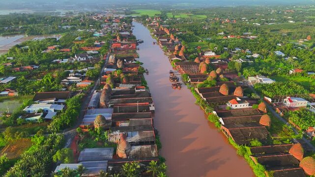 Aerial view of Mang Thit brick kiln in Vinh Long. Burnt clay bricks used in traditional construction of Vietnamese, Mekong Delta, Vinh Long province, Vietnam