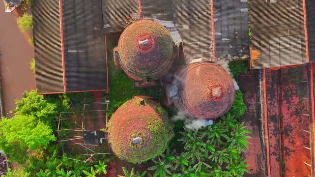 Aerial view of Mang Thit brick kiln in Vinh Long. Burnt clay bricks used in traditional construction of Vietnamese, Mekong Delta, Vinh Long province, Vietnam