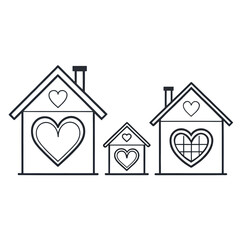Three houses with heart windows isolated on transparent background
