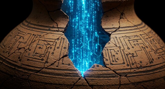 A cracked ancient vase reveals a glowing blue digital stream, symbolizing technology. - Powered by Adobe