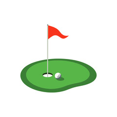 Golf hole icon with red flag and ball on green course.