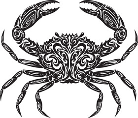 Intricate black tribal crab illustration with detailed swirling patterns on white background tattoo