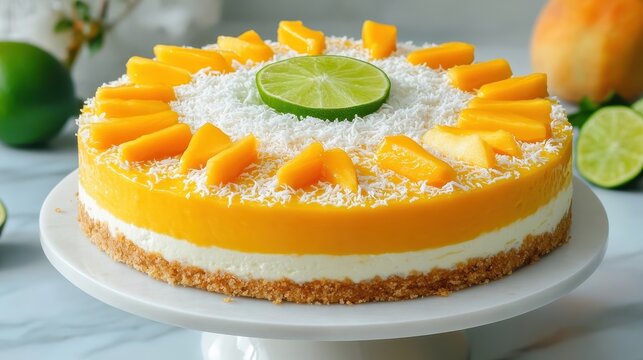 Fresh Mango Coconut Lime Cheesecake on Elegant Cake Stand