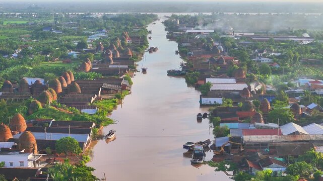 Aerial view of Mang Thit brick kiln in Vinh Long. Burnt clay bricks used in traditional construction of Vietnamese, Mekong Delta, Vinh Long province, Vietnam