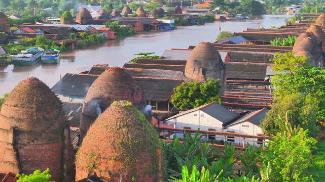 Aerial view of Mang Thit brick kiln in Vinh Long. Burnt clay bricks used in traditional construction of Vietnamese, Mekong Delta, Vinh Long province, Vietnam