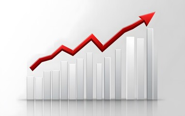 Fototapeta premium White flat background with white arrow up and bar graph, line chart rising to the right on light grey background. 