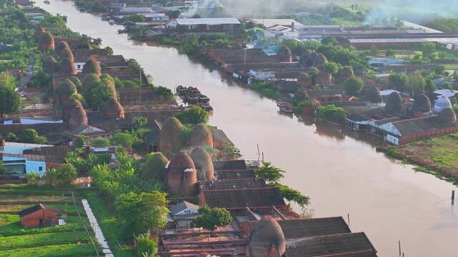 Aerial view of Mang Thit brick kiln in Vinh Long. Burnt clay bricks used in traditional construction of Vietnamese, Mekong Delta, Vinh Long province, Vietnam