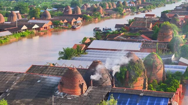 Aerial view of Mang Thit brick kiln in Vinh Long. Burnt clay bricks used in traditional construction of Vietnamese, Mekong Delta, Vinh Long province, Vietnam