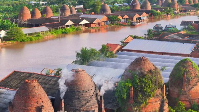 Aerial view of Mang Thit brick kiln in Vinh Long. Burnt clay bricks used in traditional construction of Vietnamese, Mekong Delta, Vinh Long province, Vietnam
