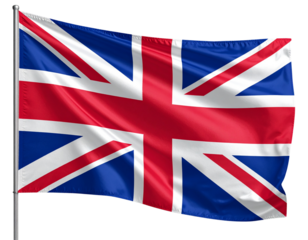 Dynamic Perspective of Union Jack Flag Mid-Wave Slight Tilt Showing Fabric Movement, Isolated on Transparent Background PNG
