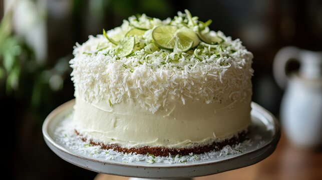 Delicious lime coconut cake topped with fresh lime slices and garnish