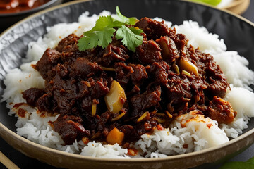 Close-Up of Spicy Filipino Beef Mechado over Steamed Rice