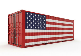 A large red shipping container, positioned slightly off-center to the left of the image