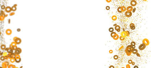Abstract festive background with gold and orange rings confetti. Perfect for holidays, parties, and celebrations.