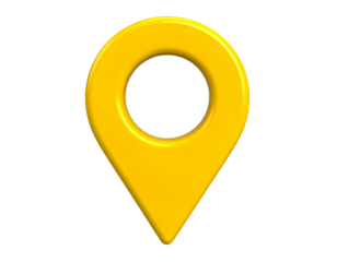 Front View of Bright Yellow Map Pin Icon with Smooth Surface and Circular Opening, Isolated on Transparent Background PNG