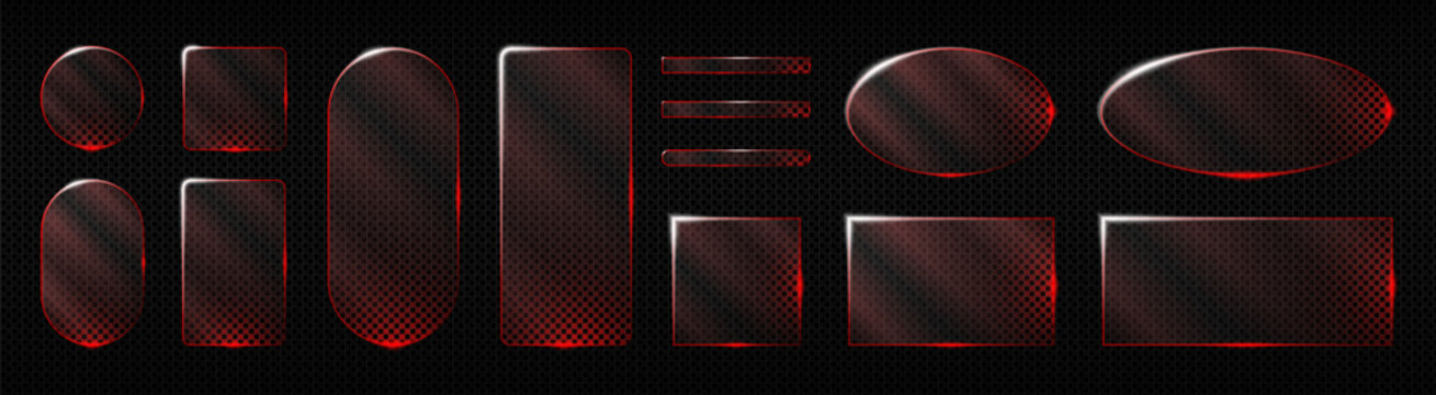 Neon glass frames with glowing red accents and sparkle effects. Transparent rectangles circles and rectangles for casino style banners futuristic HUD elements and modern digital interface designs.