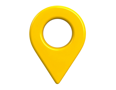 Front View of Bright Yellow Map Pin Icon with Smooth Surface and Circular Opening, Isolated on Transparent Background PNG