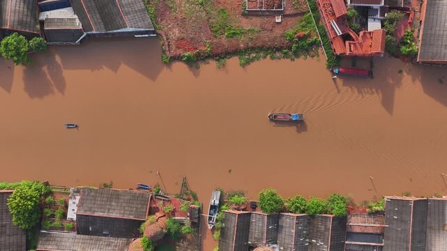 Aerial view of Mang Thit brick kiln in Vinh Long. Burnt clay bricks used in traditional construction of Vietnamese, Mekong Delta, Vinh Long province, Vietnam