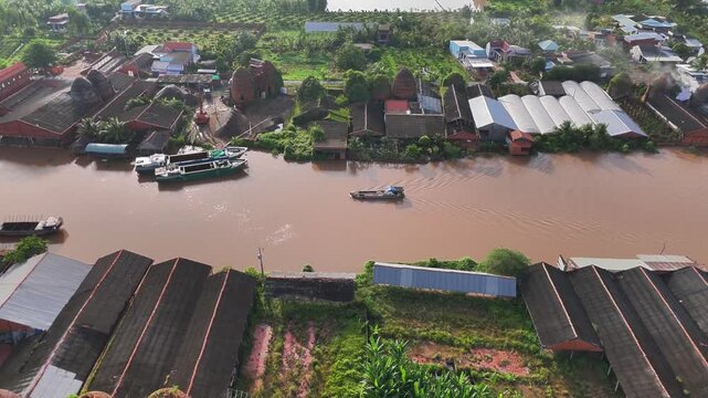 Aerial view of Mang Thit brick kiln in Vinh Long. Burnt clay bricks used in traditional construction of Vietnamese, Mekong Delta, Vinh Long province, Vietnam