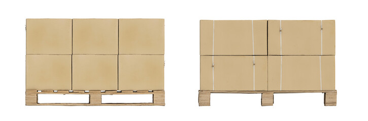 Cardboard boxes stacked on a pallet, isolated on a transparent background. Front and Side view. Cargo transportation and delivery service. 3D illustration