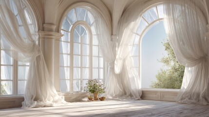 Elegant interior space with large arched windows, sheer drapes, natural light, and decorative plants creating a serene atmosphere for relaxation and inspiration