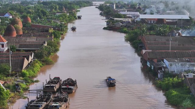 Aerial view of Mang Thit brick kiln in Vinh Long. Burnt clay bricks used in traditional construction of Vietnamese, Mekong Delta, Vinh Long province, Vietnam
