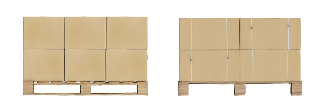 Cardboard boxes stacked on a pallet, isolated on a transparent background. Front and Side view. Cargo transportation and delivery service. 3D illustration