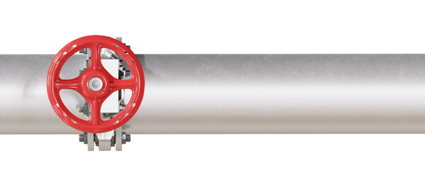 Fototapeta premium Manual control valve with red handwheel mounted on silver pipe. Isolated on transparent background. 3D illustration