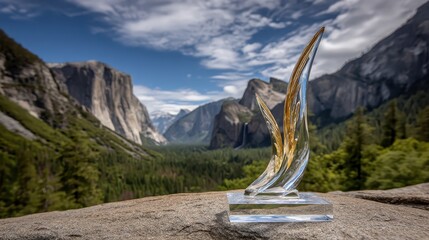 Fototapeta premium Elegant Glass Sculpture Against Majestic Mountain Landscape