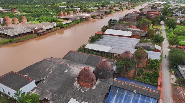 Aerial view of Mang Thit brick kiln in Vinh Long. Burnt clay bricks used in traditional construction of Vietnamese, Mekong Delta, Vinh Long province, Vietnam