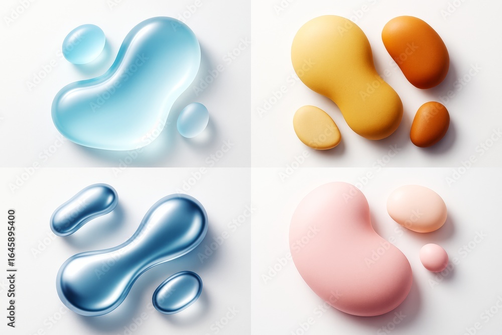 Poster abstract colorful organic blob shapes in soft pastel and metallic tones arranged in four sections on