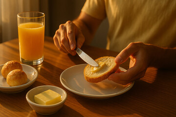Cozy Morning Breakfast with Buttered Bread and Orange Juice