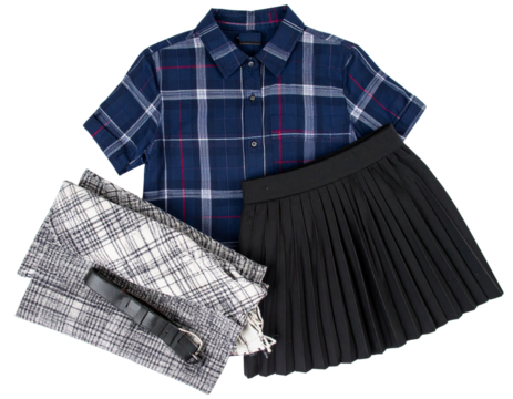Folded Boxy Shirt and Pleated Skirt Twinset in Checked Poplin with Accessories Isolated on Transparent Background PNG