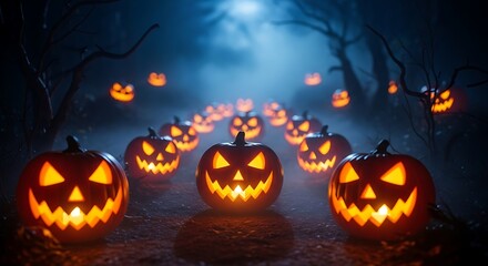 A spooky halloween night with glowing jack olanterns lining a path through a dark forest, creating a scary and festive atmosphere