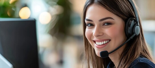 Smiling female customer service representative with headset working at a modern call center, providing professional support and assistance to clients, ideal for business service promotions