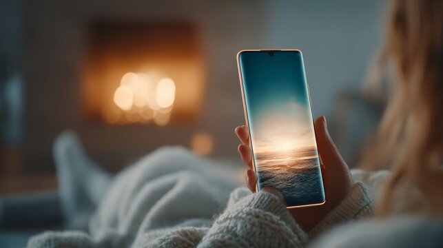 Woman relaxing on a cozy couch by the fireplace, holding a smartphone displaying a beautiful sunset over the ocean