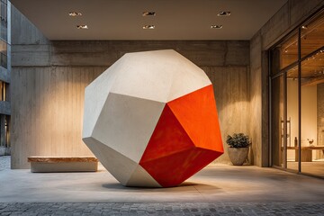 Large, multifaceted, off-white and red sculpture.  Located outdoors, in a courtyard or plaza, next to modern architecture