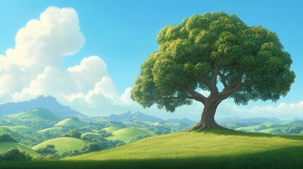Fototapeta premium Serene Landscape: A Majestic Tree on Rolling Hills Under a Sunny Sky