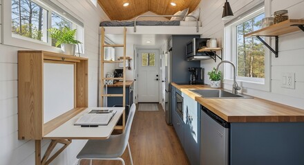 Cozy Tiny Home Interior with Loft Bed, Fold-Down Desk, and Compact Kitchen in Natural Light